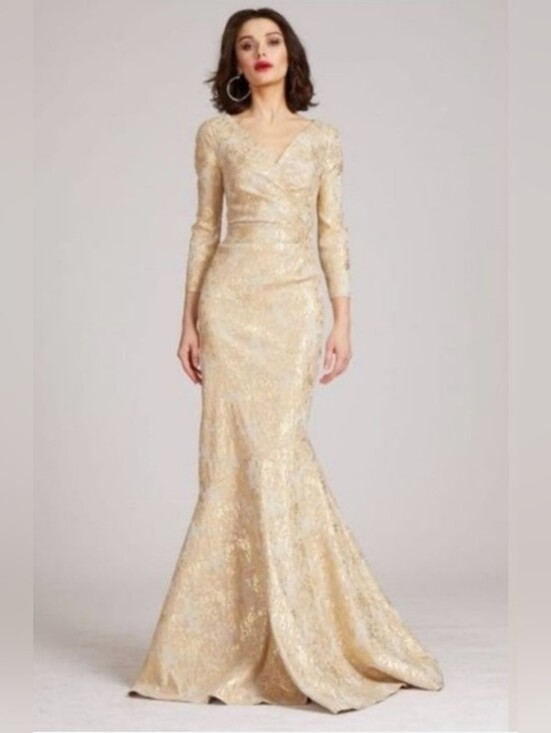 Teri Jon By Rickie Freeman Dresses & Skirts - Teri Jon By Rickie Freeman NWT Size 10 Long-Sleeve Gold Lace Mermaid Gown PTP 19